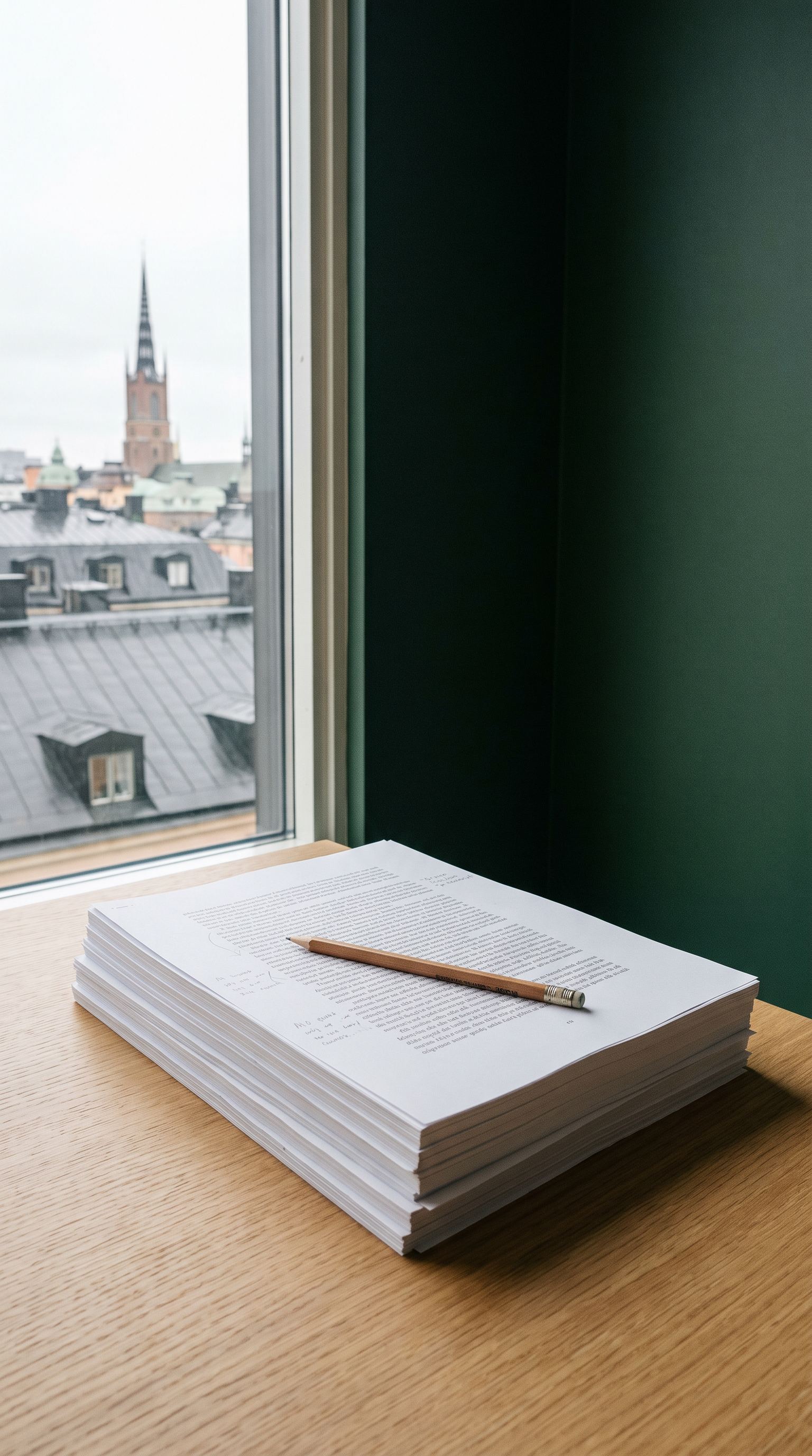 Ett utskrivet manus med blyertsanteckningar på ett skrivbord, med Riddarholmens spira genom fönstret